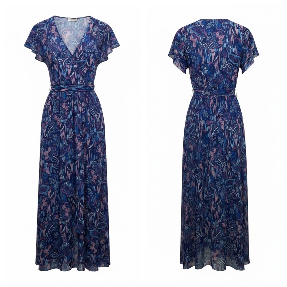 Ramy Brook Marion Maxi Dress L Blue Purple Abstract Sheer Paisley Boho‎ Romantic